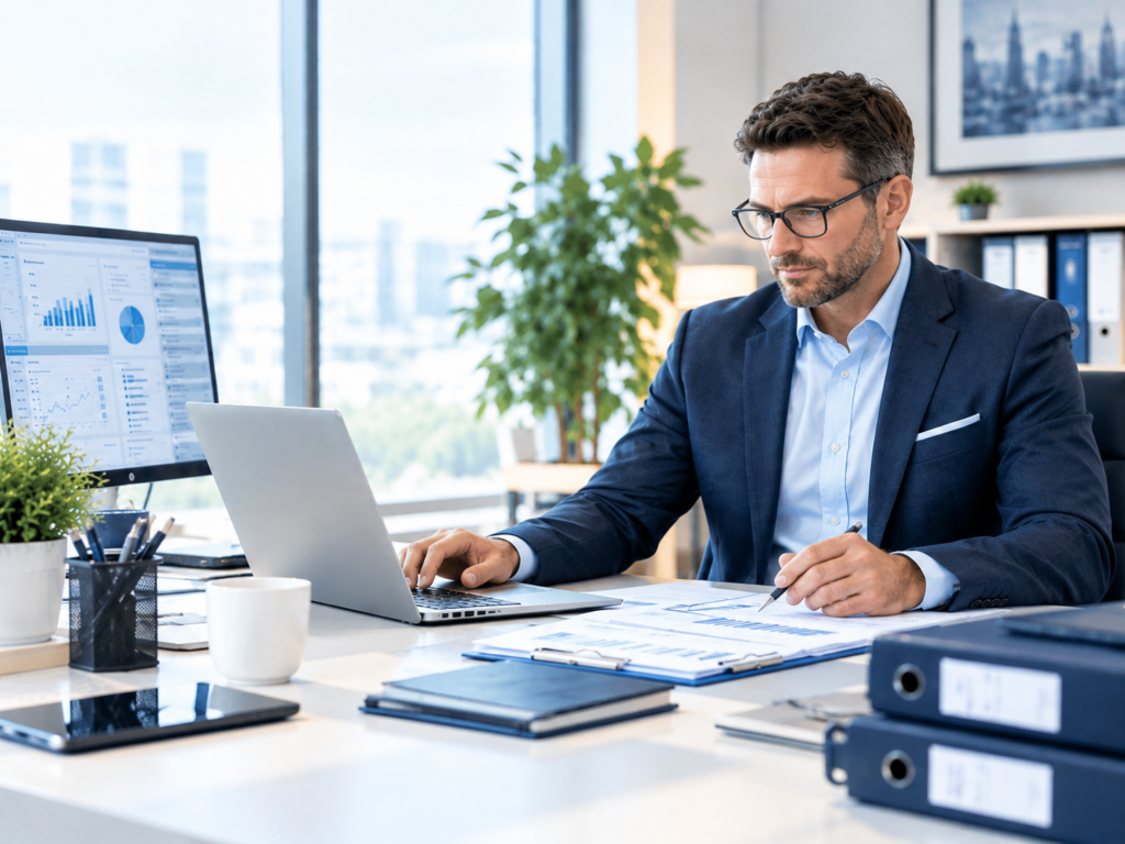 geschäftsmann analysiert finanzberichte im büro
