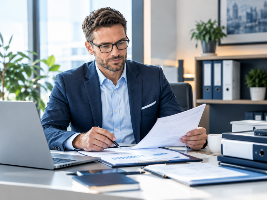 geschäftsmann prüft berichte im modernen büro